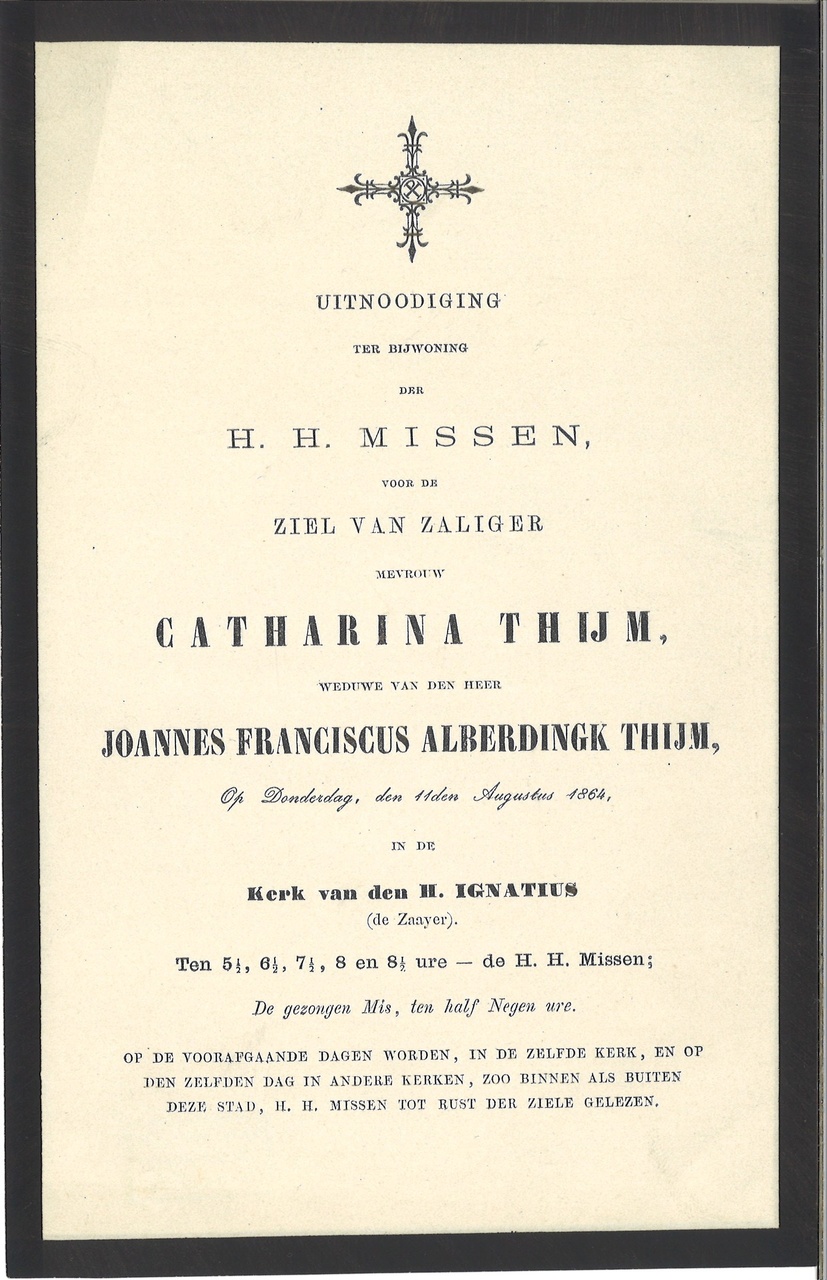 Mapje met persoonlijke herinneringen van de familie Alberdingk Thijm:
"Uitnodiging voor het bijwonen van de herdenkingsmissen voor Catherina Thijm".