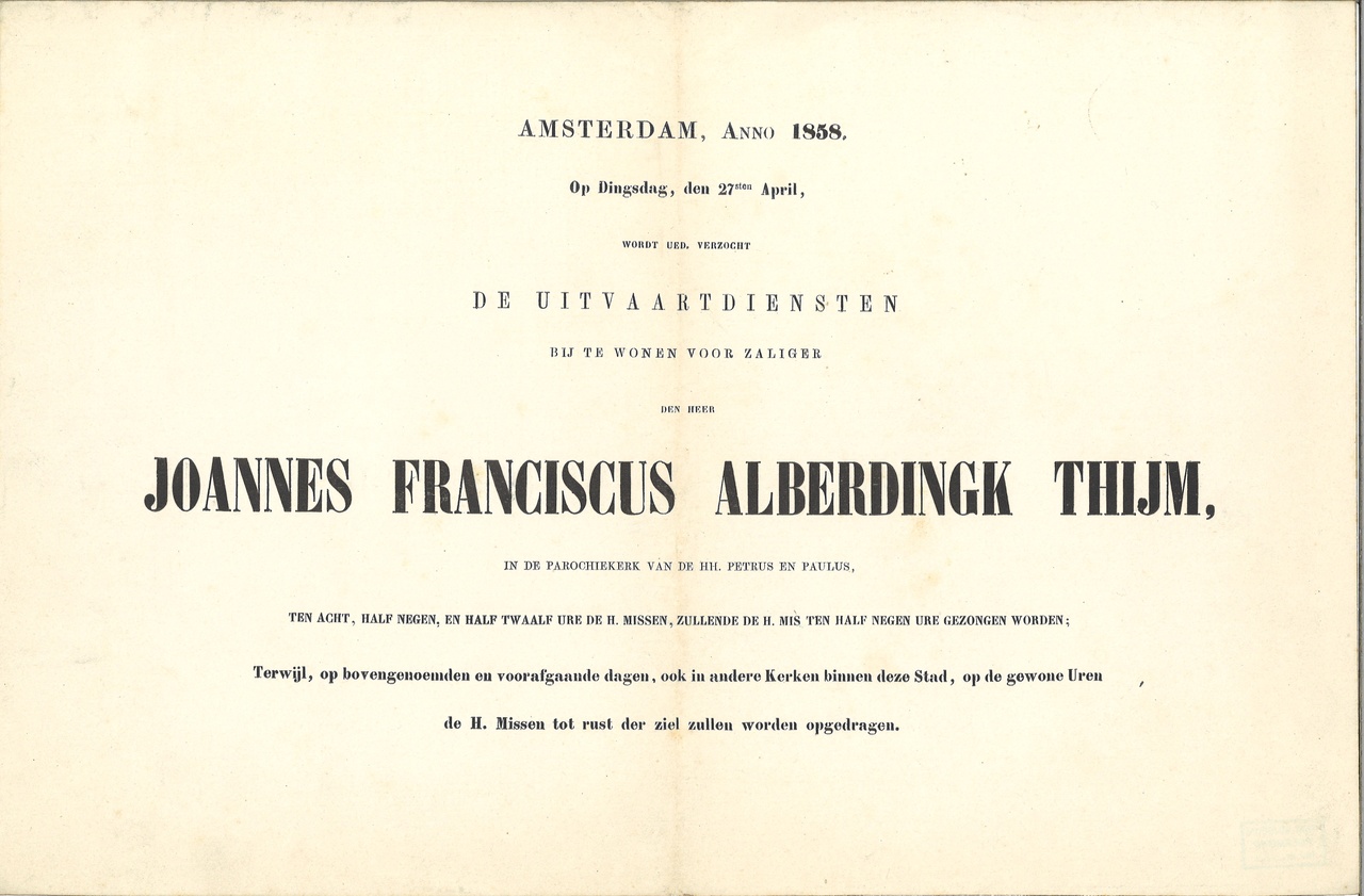 Mapje met persoonlijke herinneringen van de familie Alberdingk Thijm:
"Uitnodiging voor de begrafenis van de Heer Joannes Franciscus AlberdingkThijm".