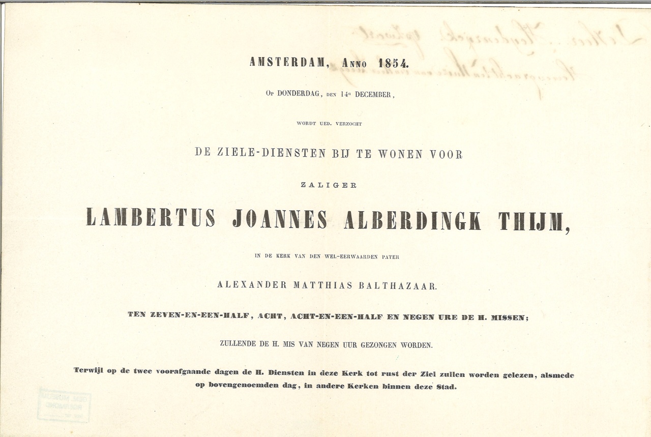 Mapje met persoonlijke herinneringen van de familie Alberdingk Thijm:
"Uitnodiging voor de begrafenis van de Heer Lambertus Joannes  AlberdingkThijm".