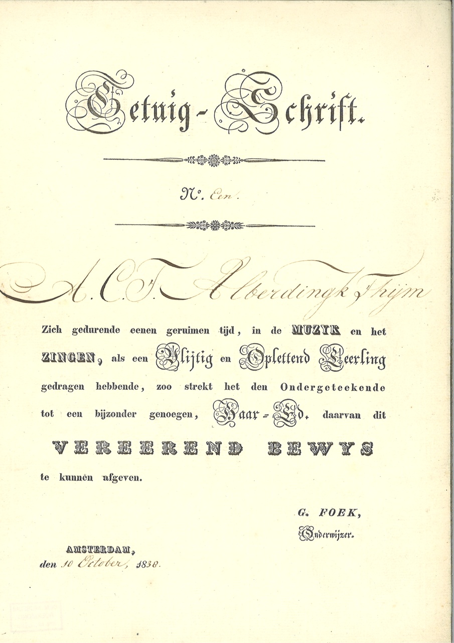Mapje met persoonlijke herinneringen van de familie Alberdingk Thijm:
"Acht getuigschriften voor A.C.F. Alberdingk Thijm, afgegeven tussen 10 oktober 1838 en 17 oktober 1844 voor Muziek en Zingen".