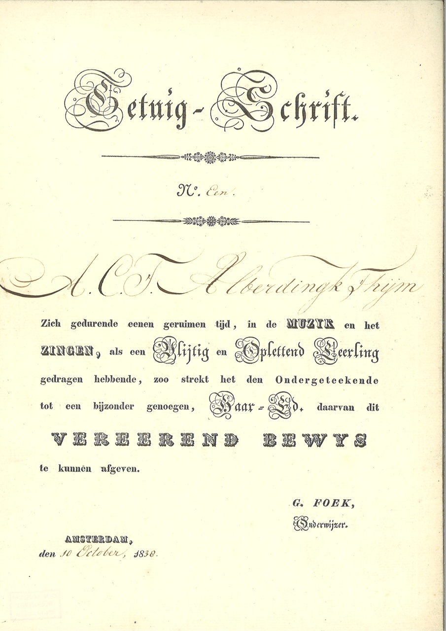 Mapje met persoonlijke herinneringen van de familie Alberdingk Thijm:
"Acht getuigschriften voor A.C.F. Alberdingk Thijm, afgegeven tussen 10 oktober 1838 en 17 oktober 1844 voor Muziek en Zingen".