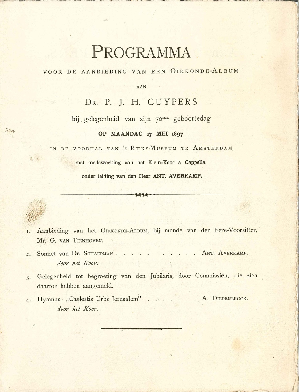 Programma-aankondiging t.g.v. 70e verjaardag P.J.H. Cuypers.