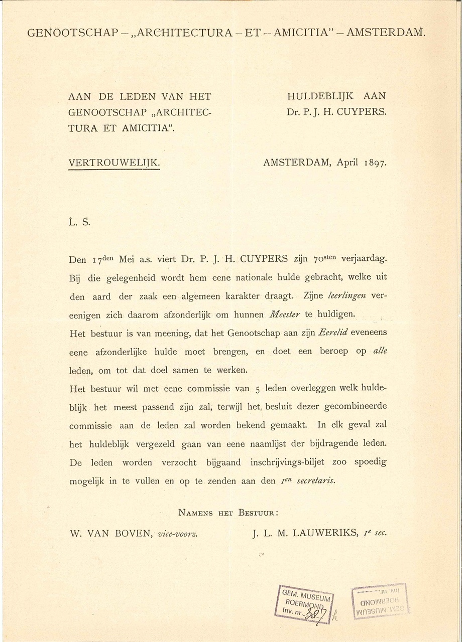 Brief inzake huldeblijk t.g.v. 70e verjaardag P.J.H. Cuypers