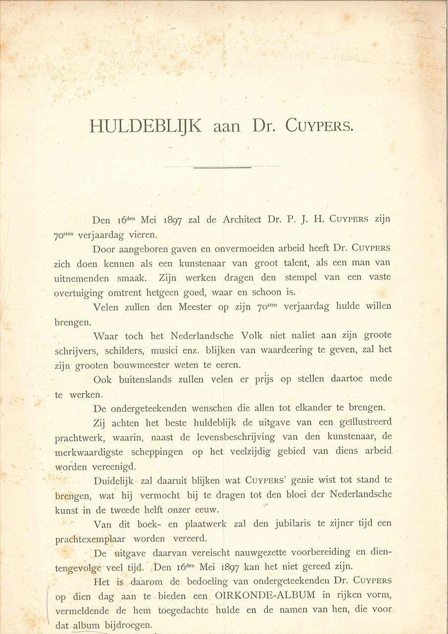 Brief inzake aanbieding oirkonde-album t.g.v. 70e verjaardag P.J.H. Cuypers.