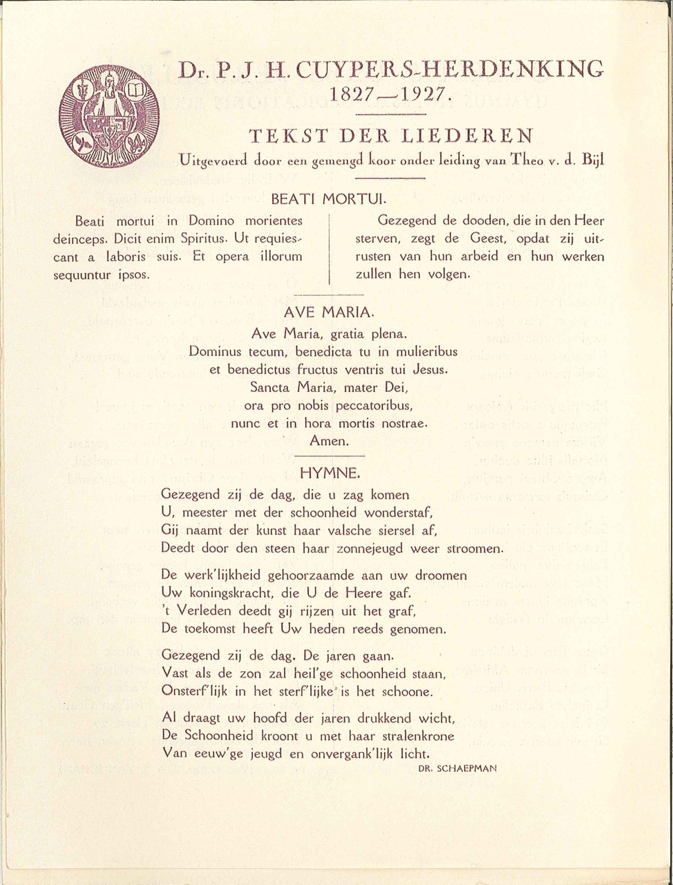 Tekst der liederen,Dhr. P.J.H. Cuypers-herdenking 1827-1927