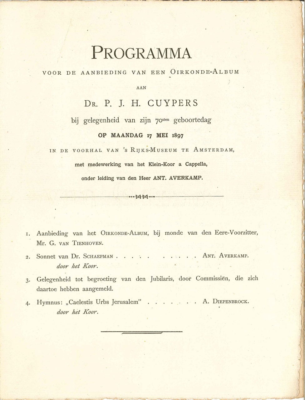 Programma t.g.v. aanbieding oorkonde t.g.v. 70e verjaardag P.J.H. Cuypers