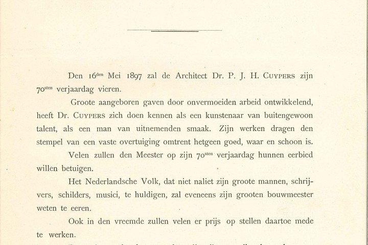 Briefje betreffende huldeblijk aan Dr. Cuypers, t.g.v. 70e verjaardag.