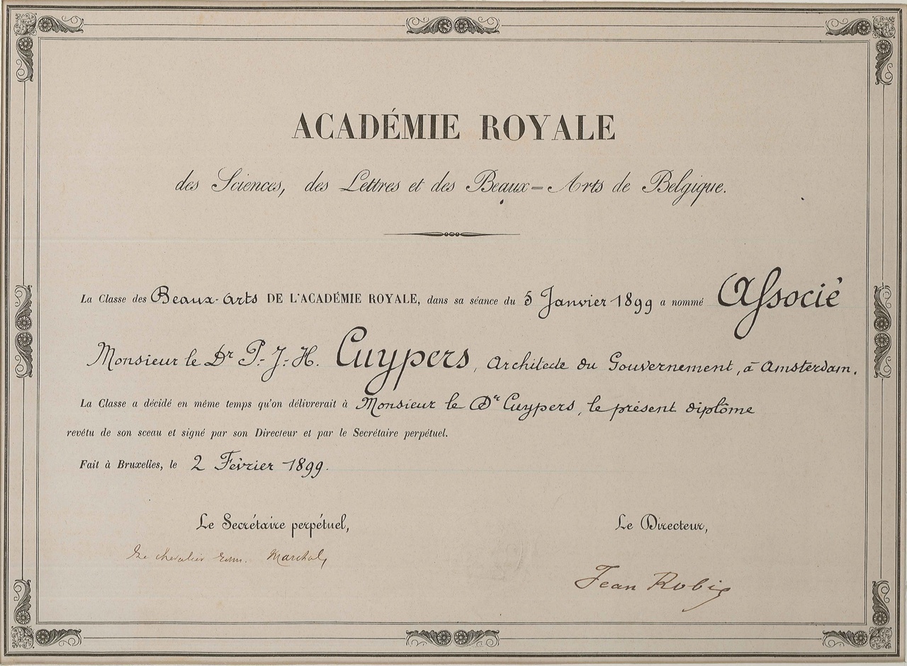 Diploma van de Académie Royale Belgique aan P.J.H. Cuypers
