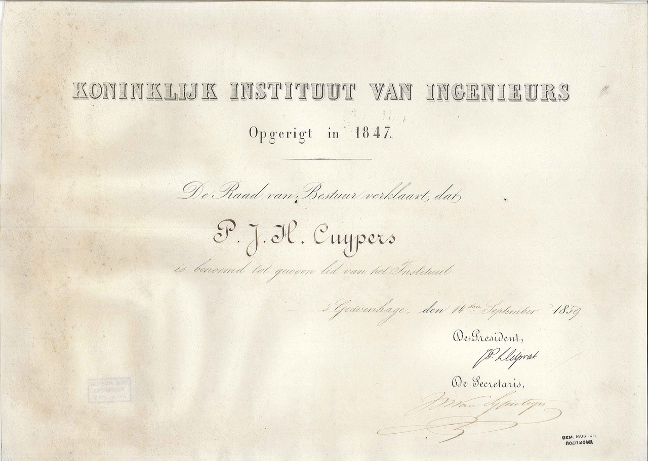 Lidmaatschap van het Koninklijk Instituut van Ingenieurs aan P.J.H. Cuypers