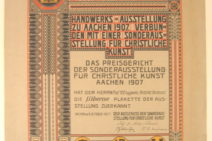 Oorkonde voor de 'silberne plakette' tijdens de 'Handwerks-Ausstellung zu Aachen 1907'