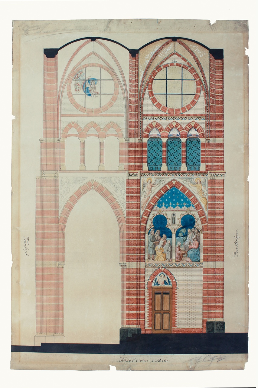 Ingekleurde ontwerptekening voor de St. Martinuskerk te Sneek (1869-1871)