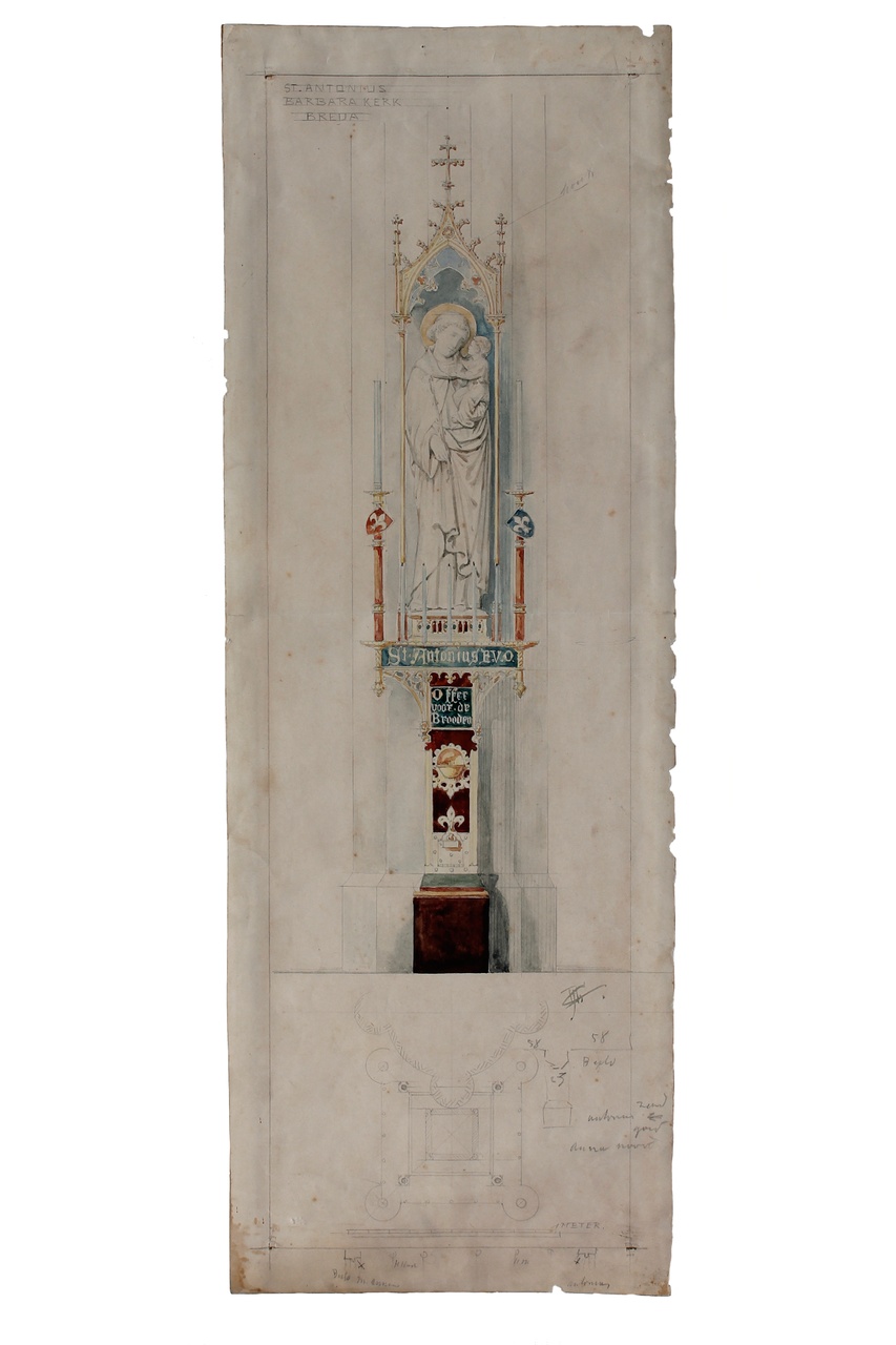 Ingekleurde ontwerptekening St. Anthoniusbeeld St. Barbarakerk te Breda