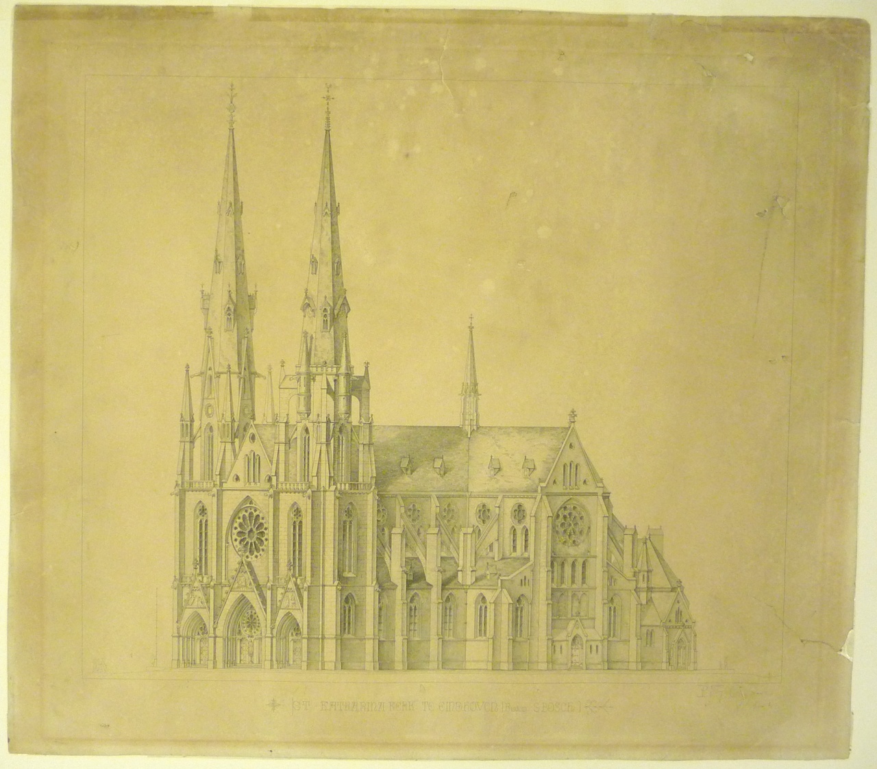 Reproduktie van een ontwerptekening van de St. Catharinakerk te Eindhoven