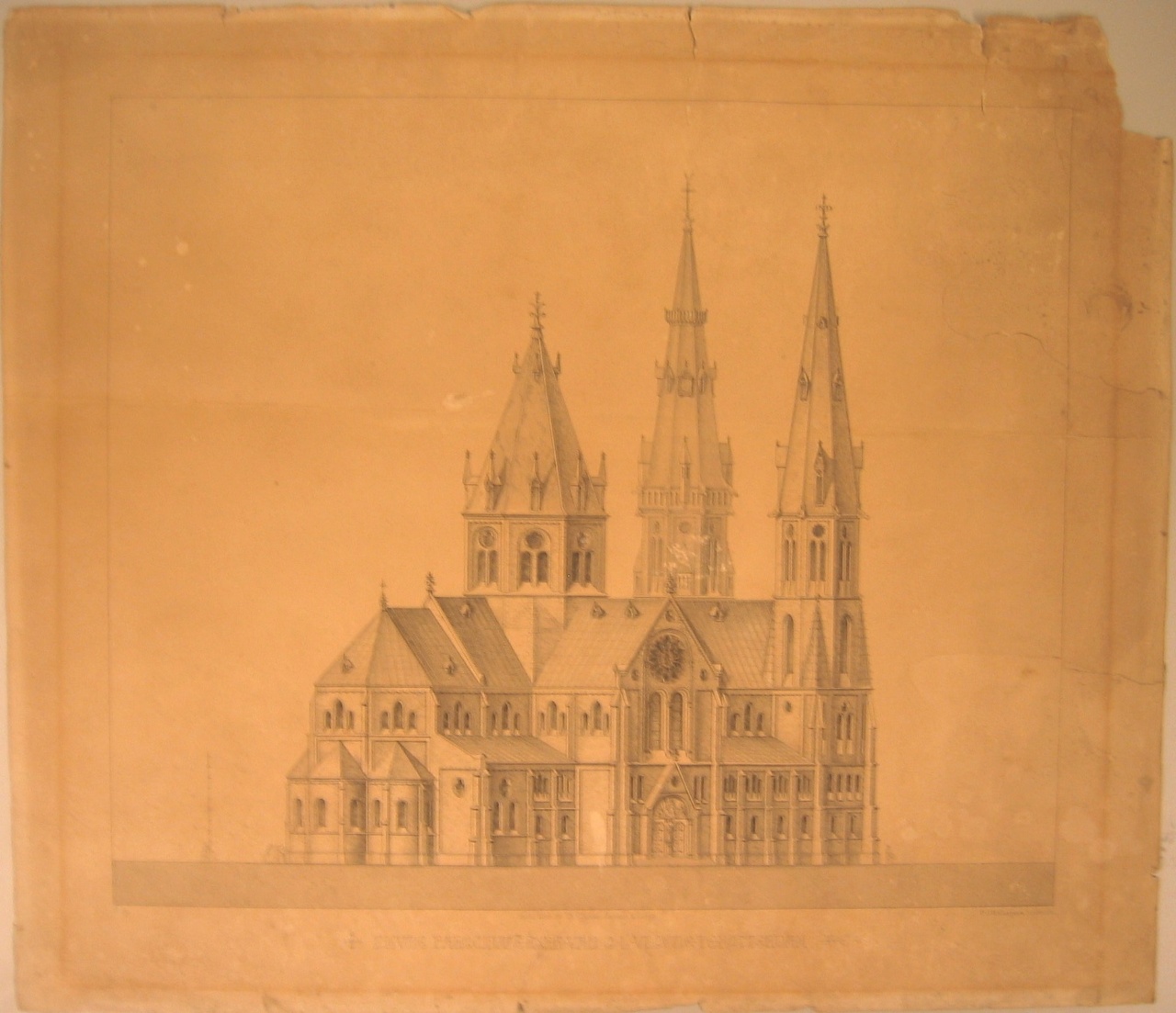 Reproduktie van ontwerptekening van de parochiekerk O.L.Vrouw te Rotterdam