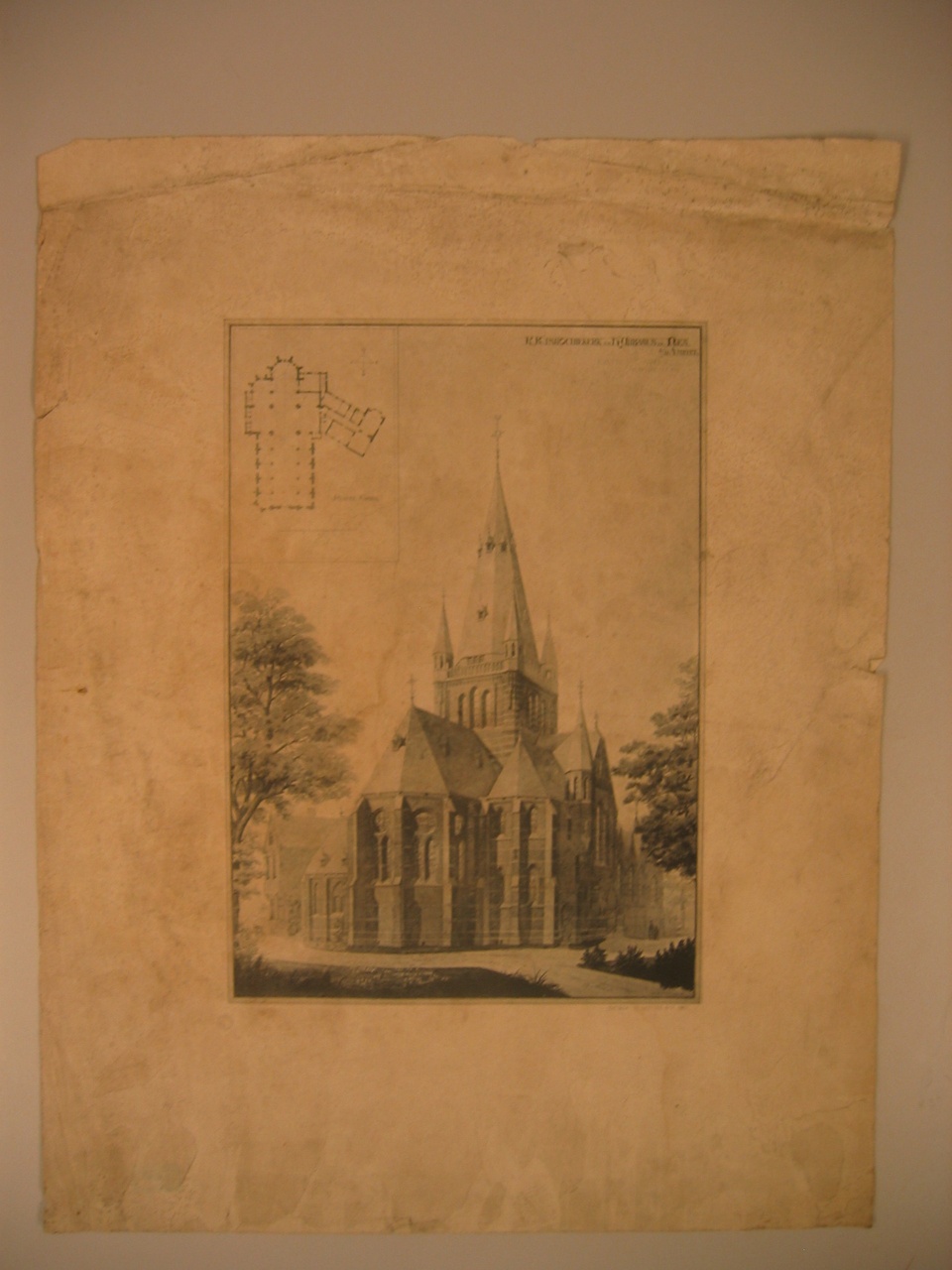 Reproduktie van ontwerptekening van de parochiekerk H.Urbanus te Nes aan de Amstel