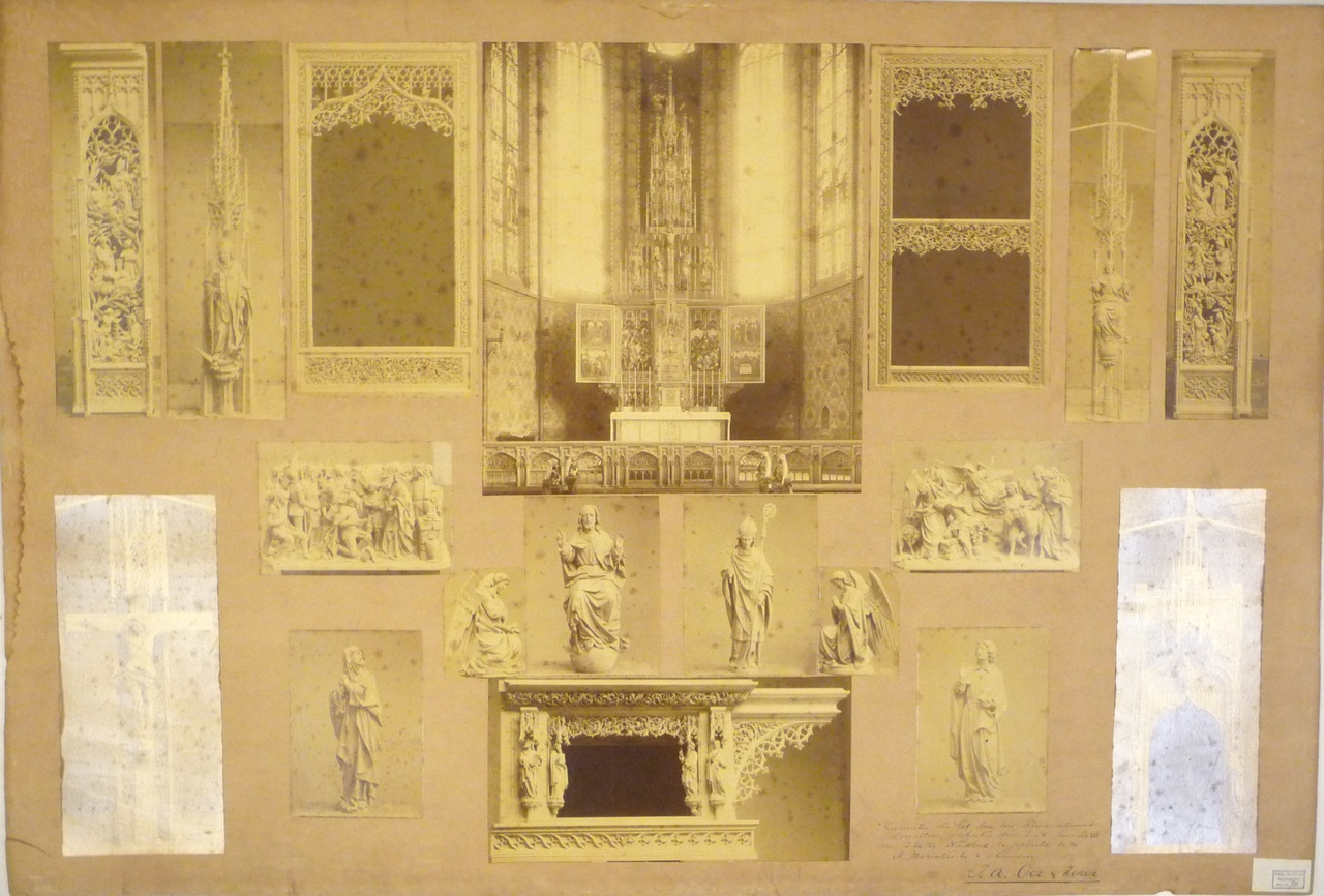 Fotocollage fragmenten hoogaltaar Maria Kirche te Hannover uit de ateliers voor Kerkelijke Kunst J.A. Oor te Roermond