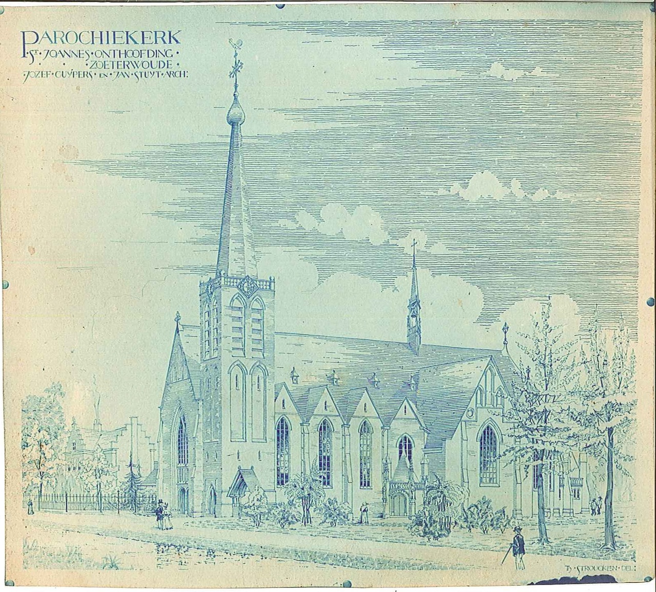 Reproductie van tekening parochiekerk St. Joannes Onthoofding Zoeterwoude. Jozef Cuypers en Jan Stuyt architecten.