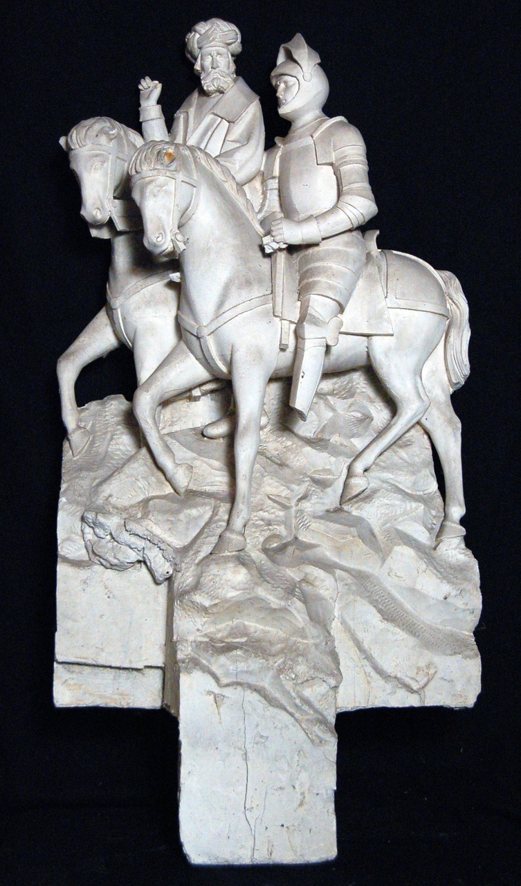 Gipsafgietsel met voorstelling van twee paarden met ridder en man