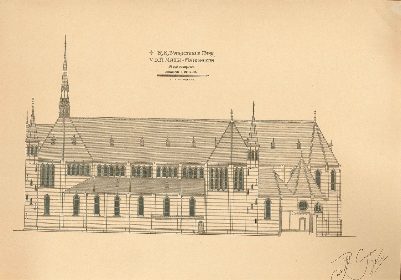 Een overdruk van een ontwerptekening voor de Maria Magdalenakerk te Amsterdam door P.J.H. Cuypers