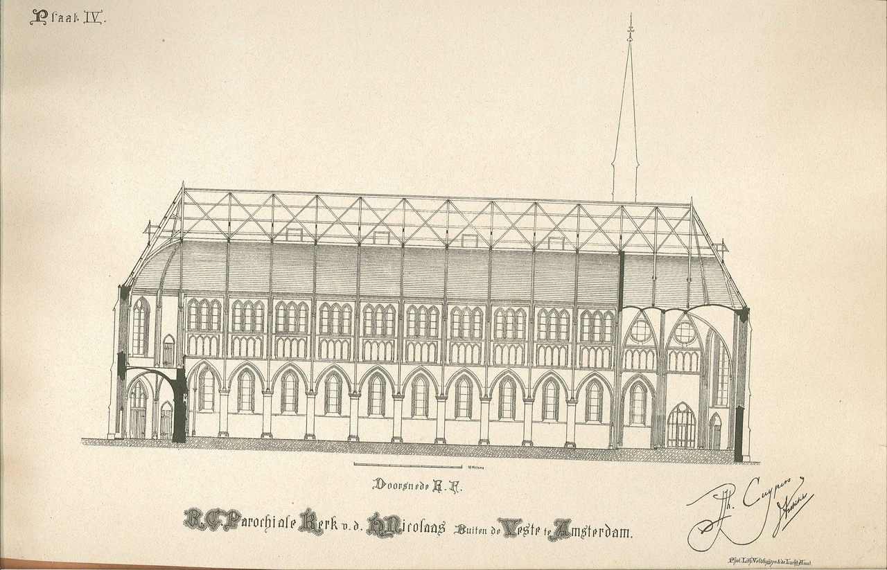 Een overdruk van een ontwerptekening van de doorsnede E.F. van de kerk H. Nicolaas buiten de Veste te Amsterdam door P.J.H. Cuypers