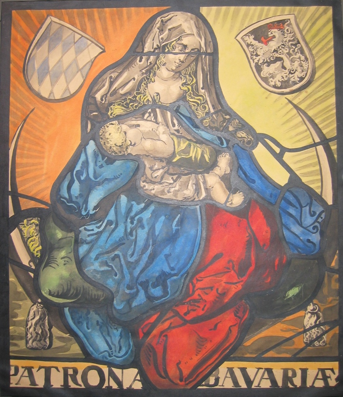 Een ontwerp voor een glas-in-loodraam met daarop Maria met Kind als de patrones van Beieren.