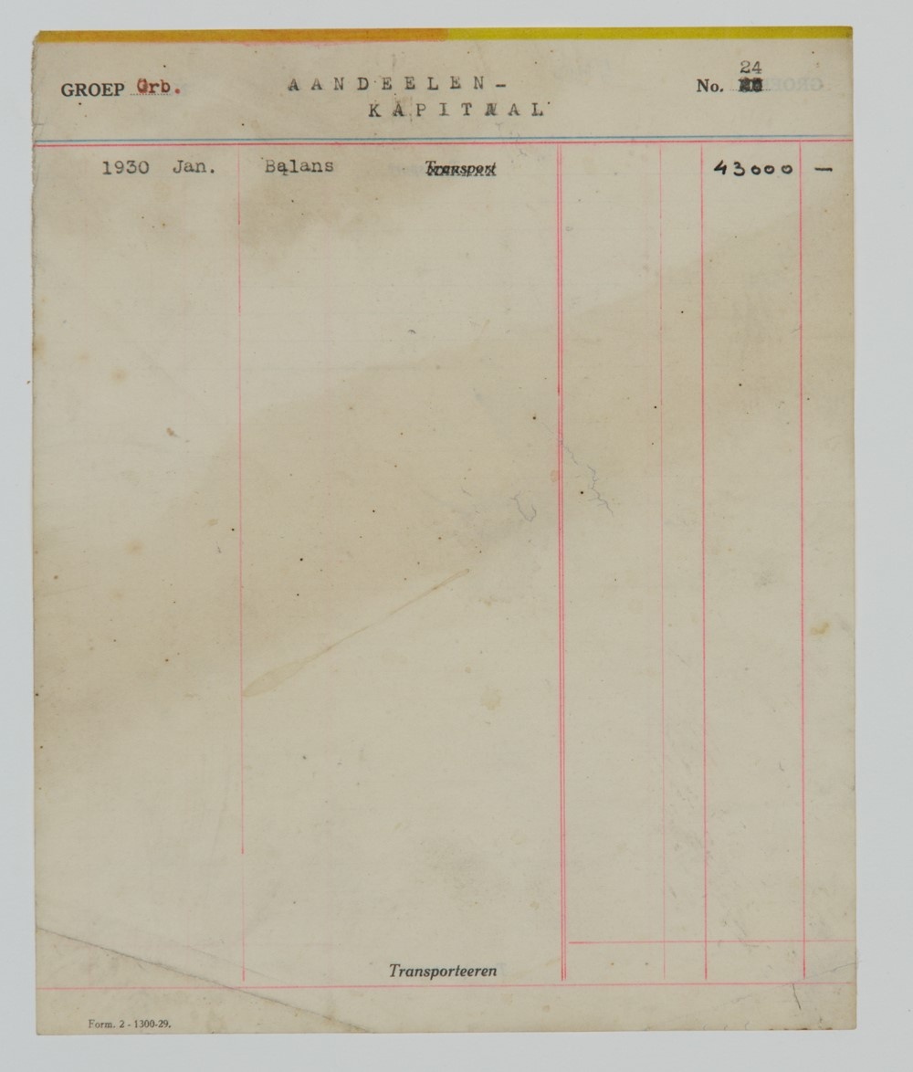 Pagina uit een kasboek uit het jaar 1930 met weergave van aandelenkapitaal.