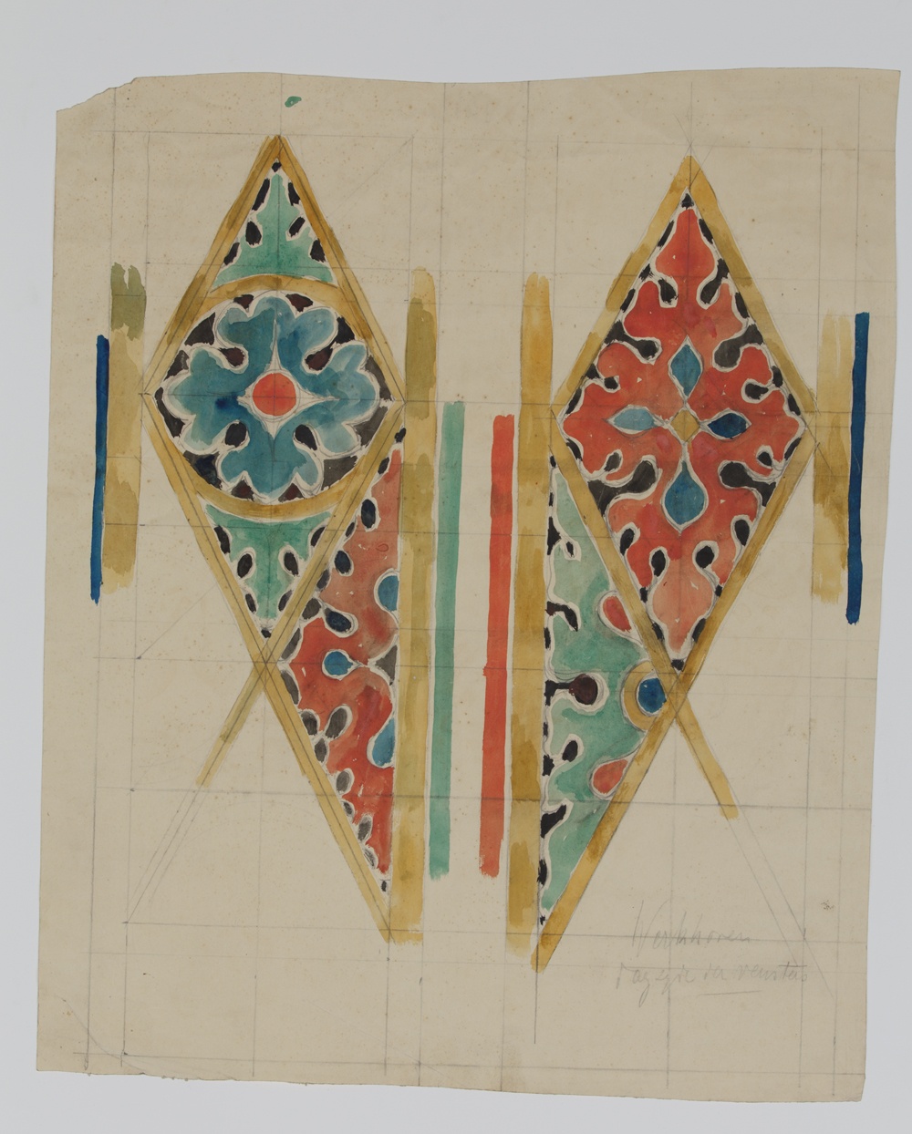 Ontwerp van twee spiegelende ruit- en halve ruitvormen, verschillend uitgewerkt.