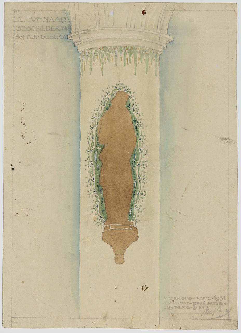 Ontwerptekening voor een beschildering achter een beeld tegen een pilaar