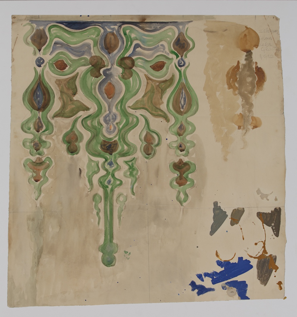 Detail van een ontwerptekening met grillige groene vormen