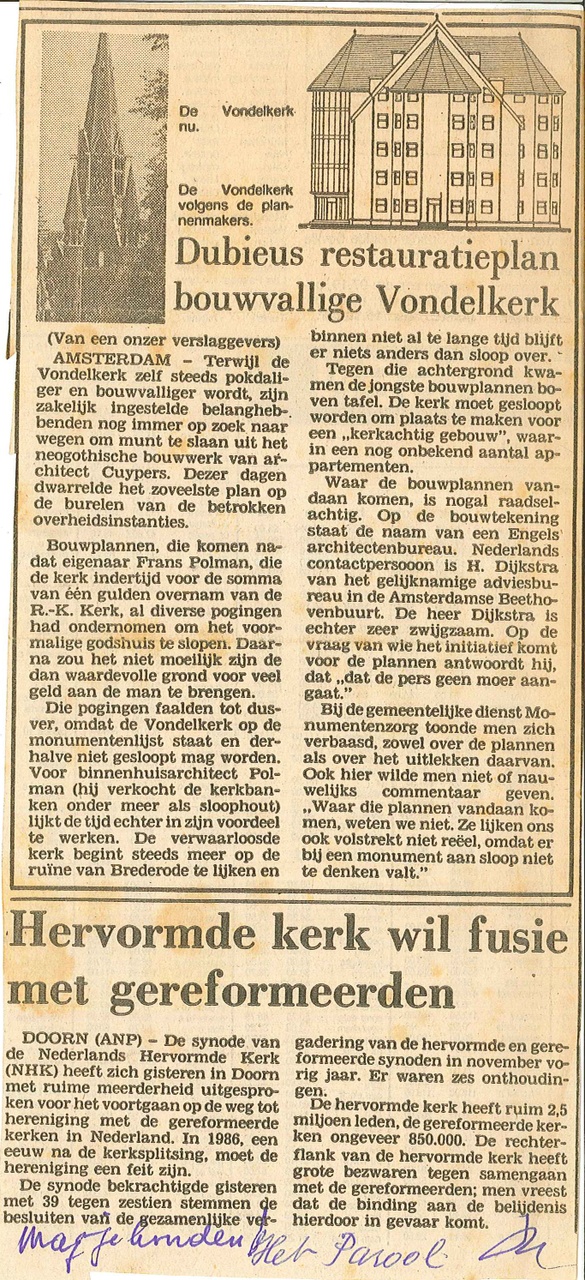 Krantenknipsel over restauratieplan van de Vondelkerk te Amsterdam