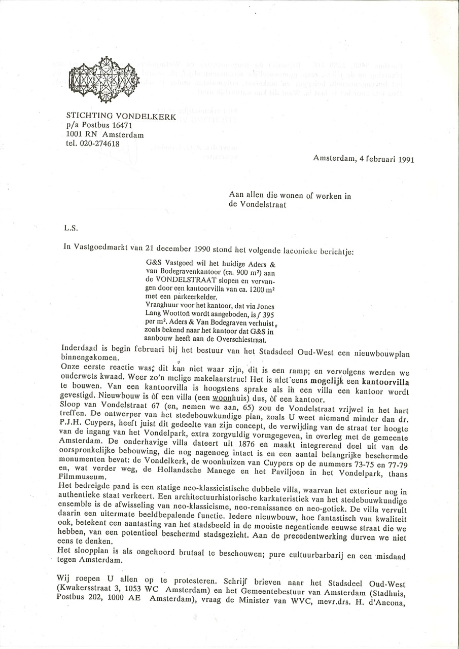 Verontruste brief van de Stichting Vondelkerk over de mogelijke sloop van een kantoor aan de Vondelstraat te Amsterdam.