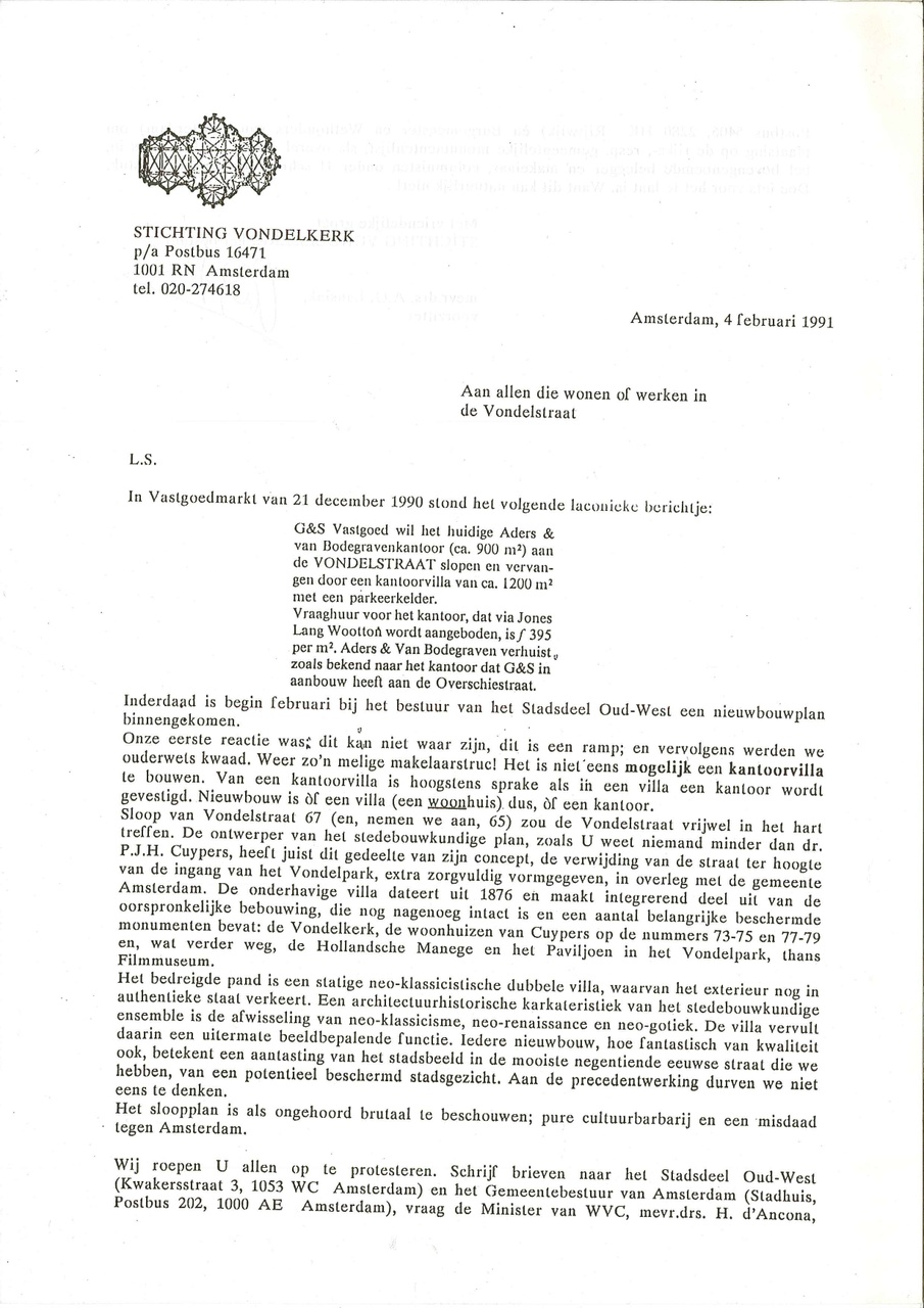Verontruste brief van de Stichting Vondelkerk over de mogelijke sloop van een kantoor aan de Vondelstraat te Amsterdam.
