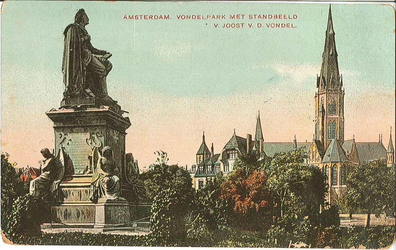 Ansichtkaart in kleur van het Vondelpark en de Vondelkerk