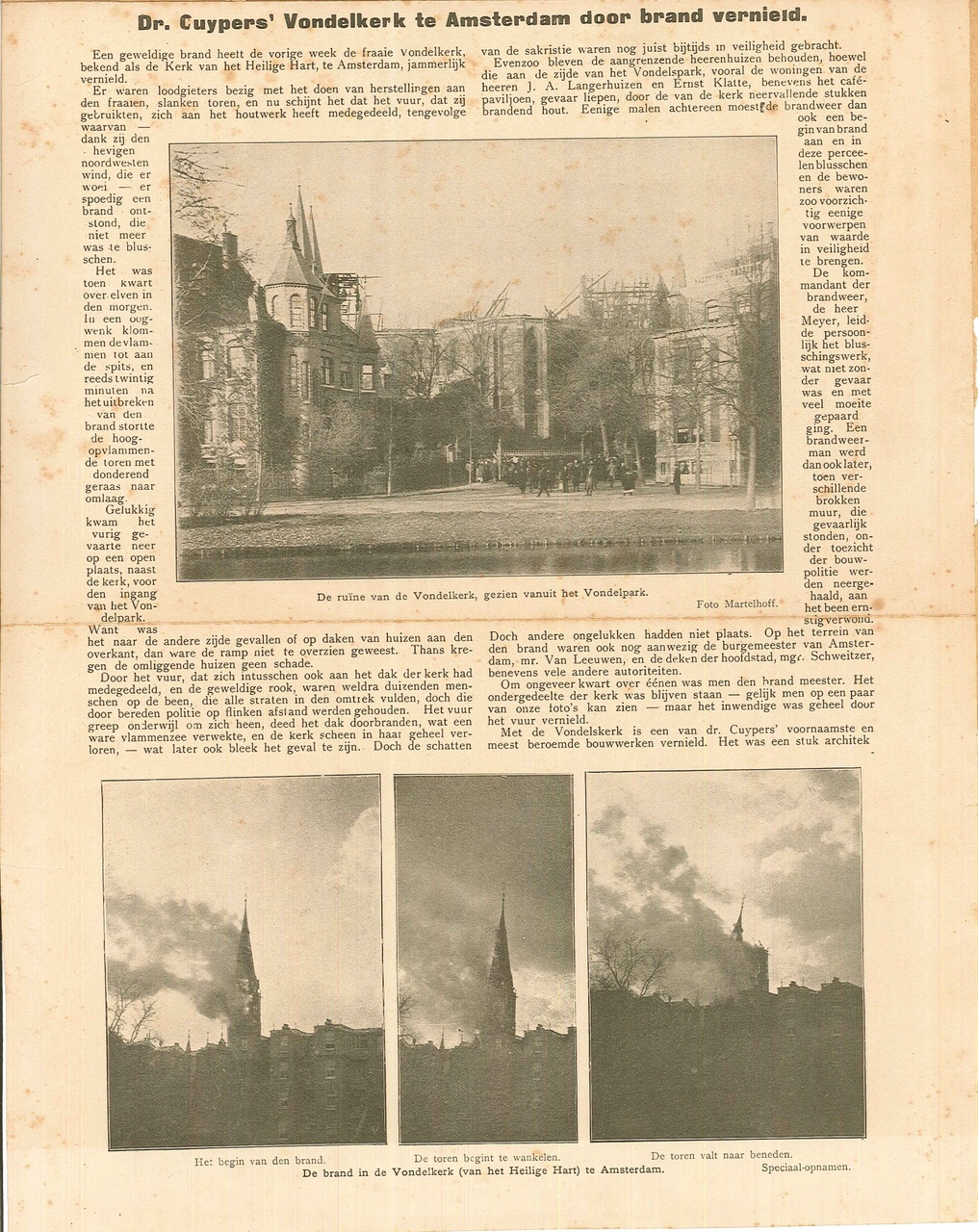 Knipsel uit een geïllustreerd tijdschrift ( De Week ) met een artikel over de brand in de Vondelkerk te Amsterdam in 1904