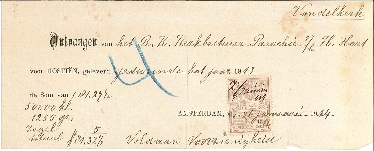 Kwitantie voor de levering van hosties aan het kerkbestuur van de H.Hartparochie (Vondelkerk) te Amsterdam