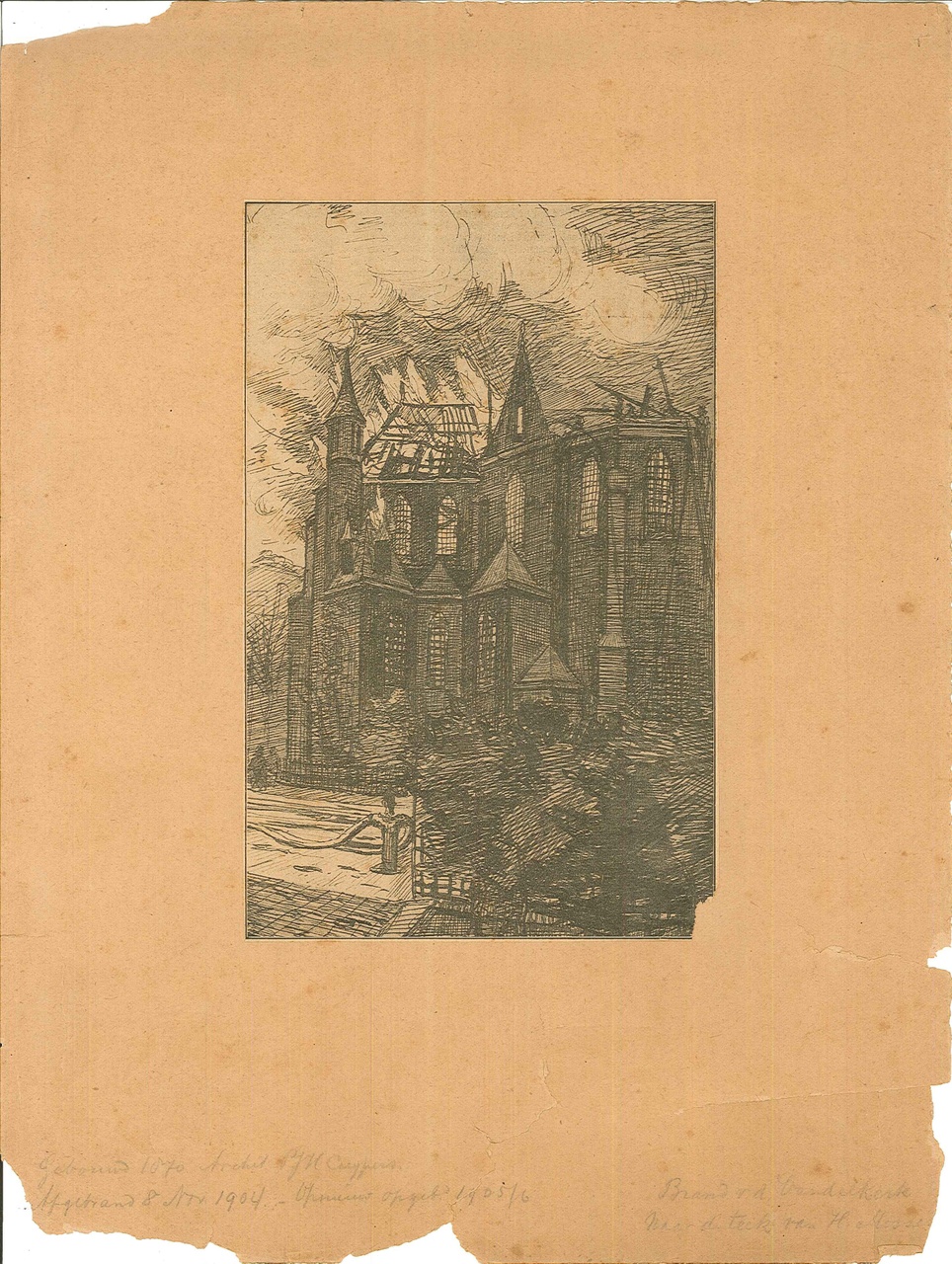 Krantenknipsel over de brand in de Vondelkerk te Amsterdam in 1904 met tekening.