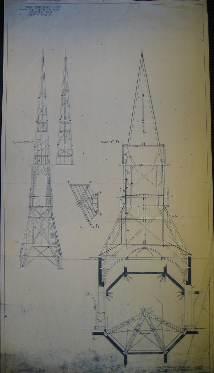 Kopie van een ontwerp met maatvoering uit 1905 voor de toren van de H. Hartkerk aan de Vondelstraat te Amsterdam
