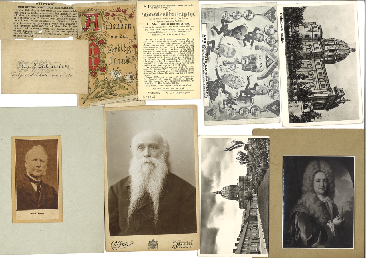 Verrzameling van 10 verschillende objecten:  krantenknipsels, visitekaartjes, bidprentjes, ansichtkaarten, etc. uit de verzameling van Jos. Cuypers