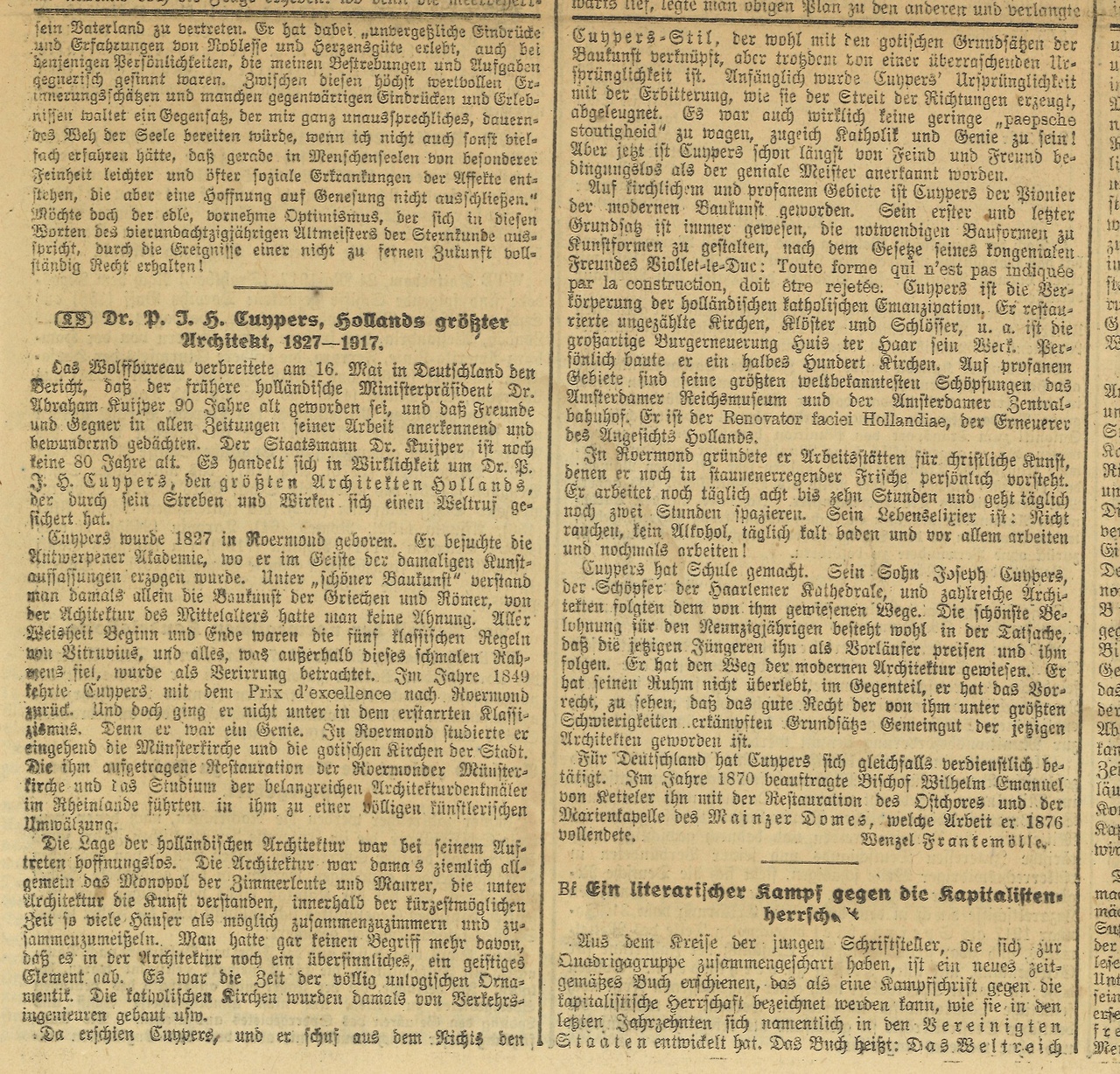 Duitse krant de "Kölnische Volkszeitung, Wochenausgabe" van 31 mei 1917 met daarin op pagina 7 een groot artikel gewijd aan de 90-ste verjaardag van dr. P.J.H. Cuypers.