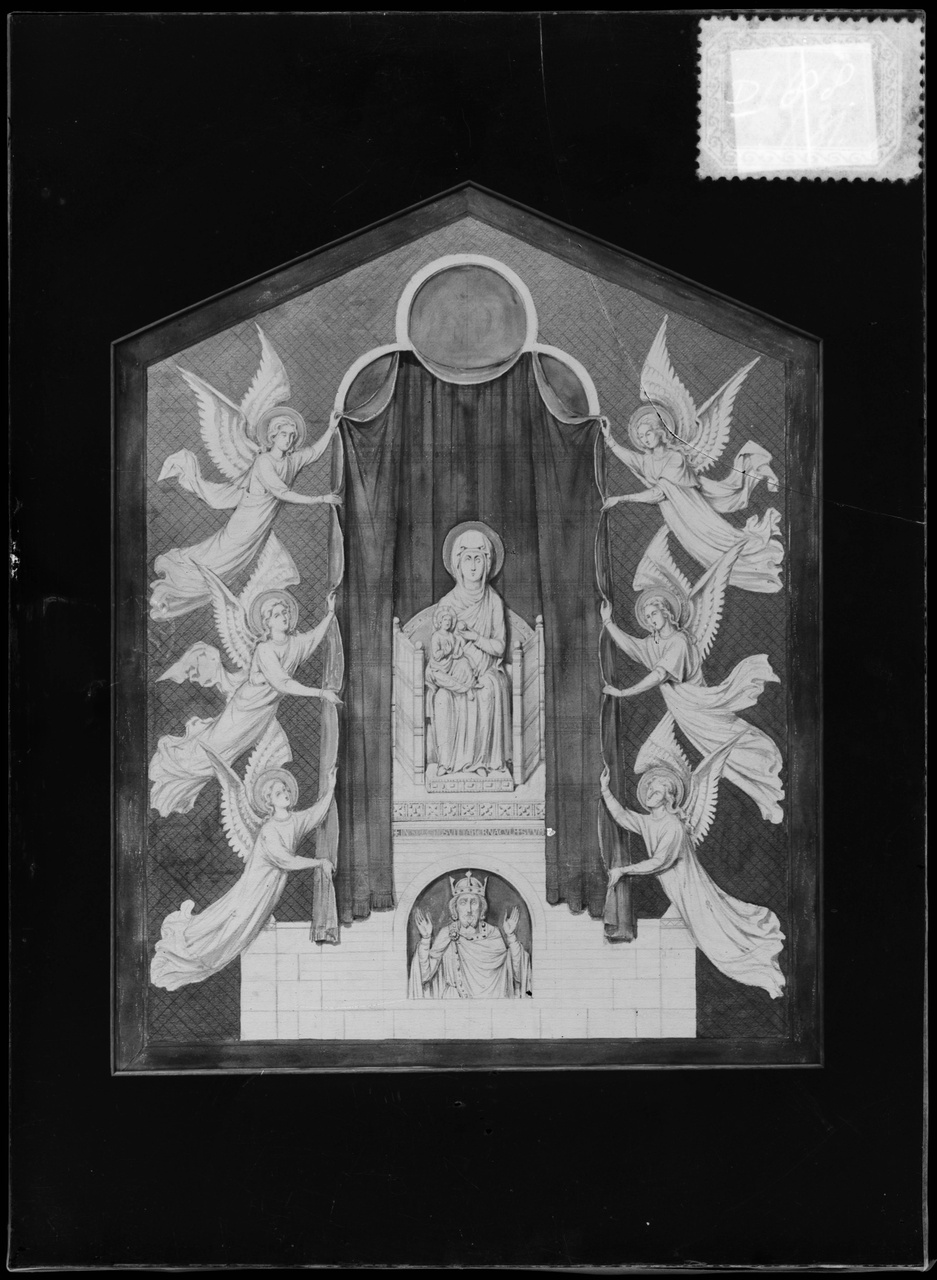 Glasnegatief van foto van producten uit de Cuypers' Kunstwerkplaatsen: "Foto van een tabernakeldeurtje met daarop een afbeelding van Maria met Kind".