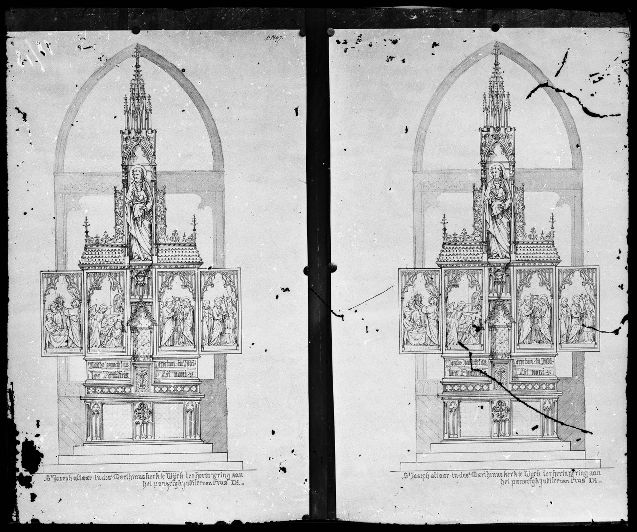 Glasnegatief van foto van producten uit de Cuypers' Kunstwerkplaatsen: "Foto van twee identieke ontwerptekeningen van het Josephaltaar in de Martinuskerk in Wyck-Maastricht".