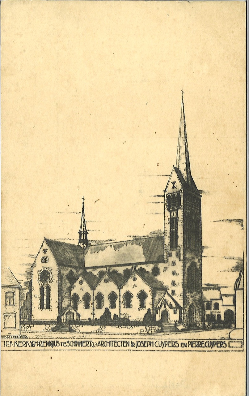 Tekening van de Remigiuskerk te Schimmert uitgevoerd als briefkaart