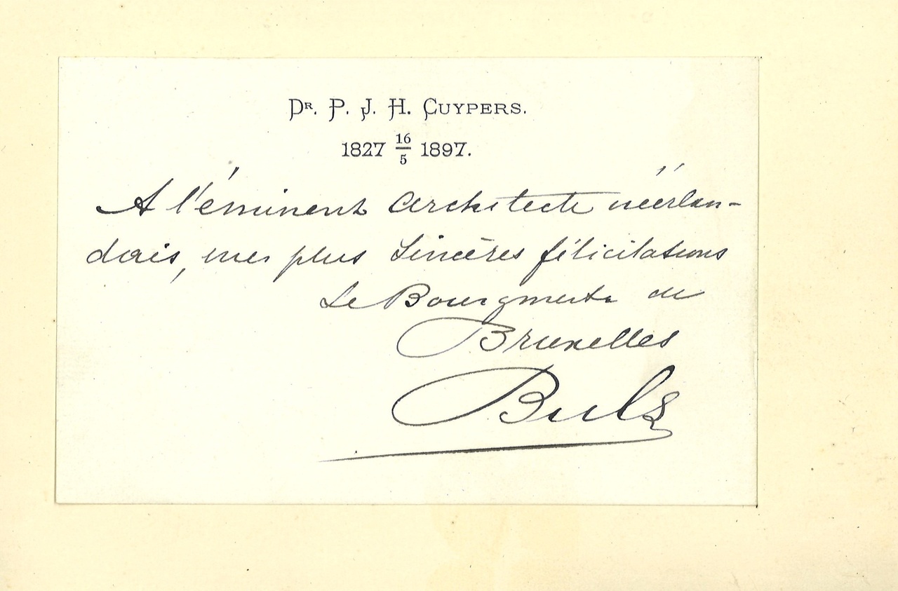 Gebonden album met gelukwensen aan dr. P. Cuypers t.g.v. zijn 70-ste verjaardag op 16 mei 1897 op afzonderlijke wenskaarten van diverse collega-architecten: wenskaart