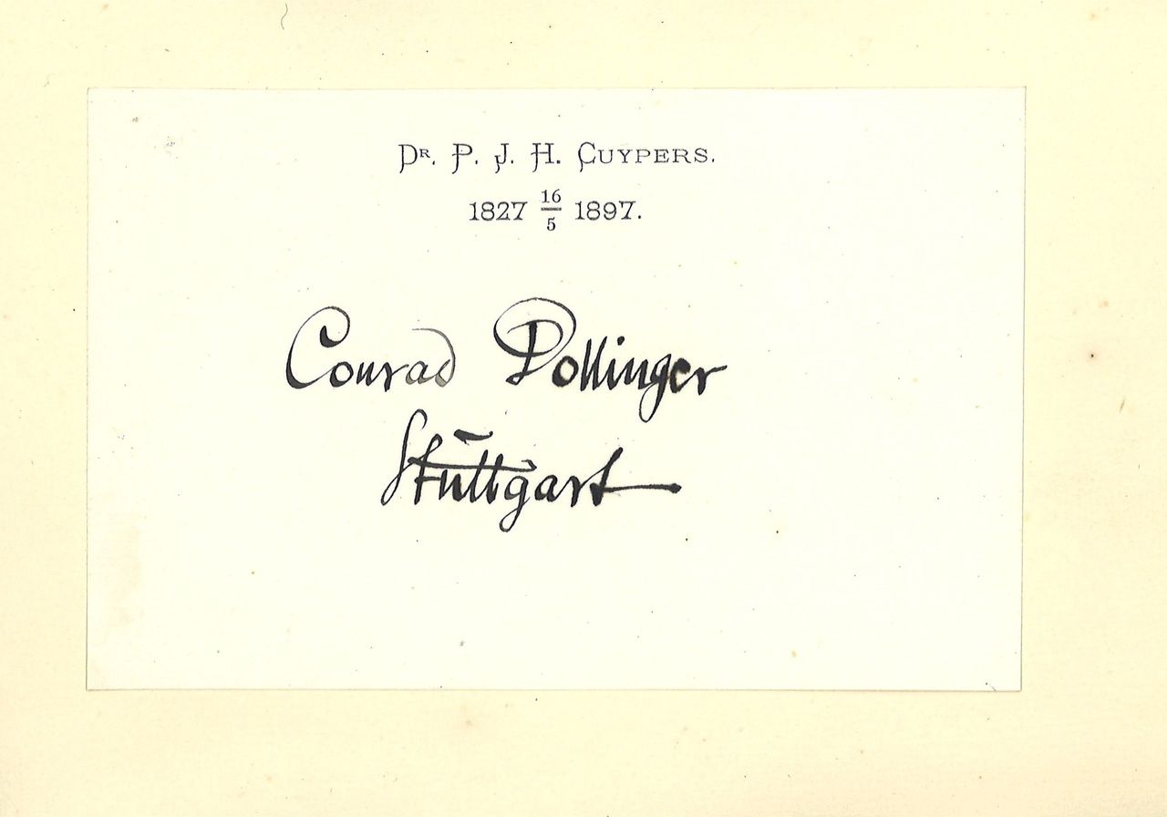 Gebonden album met gelukwensen aan dr. P. Cuypers t.g.v. zijn 70-ste verjaardag op 16 mei 1897 op afzonderlijke wenskaarten van diverse collega-architecten: wenskaart