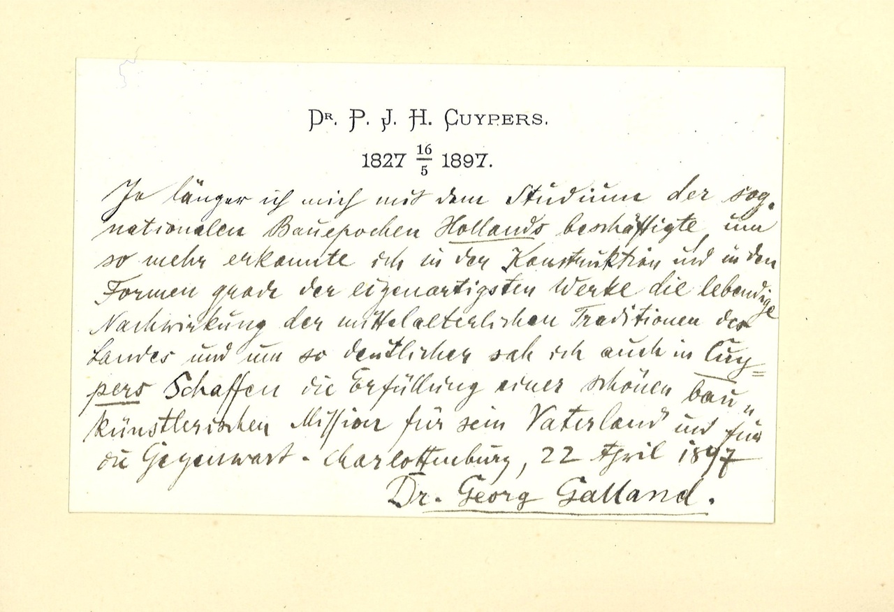 Gebonden album met gelukwensen aan dr. P. Cuypers t.g.v. zijn 70-ste verjaardag op 16 mei 1897 op afzonderlijke wenskaarten van diverse collega-architecten: wenskaart