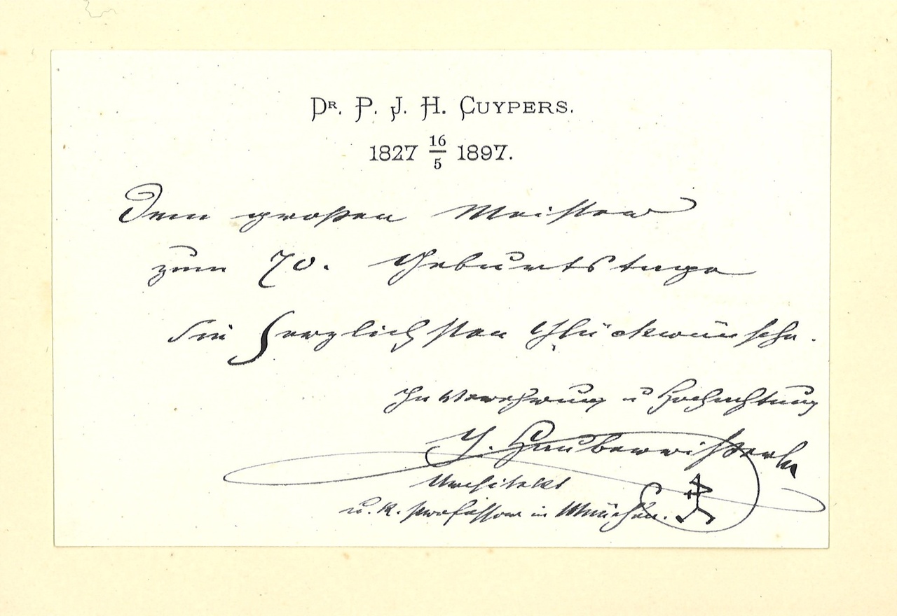 Gebonden album met gelukwensen aan dr. P. Cuypers t.g.v. zijn 70-ste verjaardag op 16 mei 1897 op afzonderlijke wenskaarten van diverse collega-architecten: wenskaart