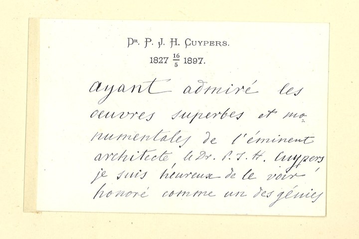 Gebonden album met gelukwensen aan dr. P. Cuypers t.g.v. zijn 70-ste verjaardag op 16 mei 1897 op afzonderlijke wenskaarten van diverse collega-architecten: wenskaart