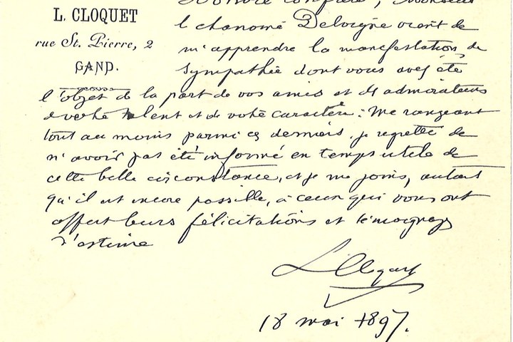 Gebonden album met gelukwensen aan dr. P. Cuypers t.g.v. zijn 70-ste verjaardag op 16 mei 1897 op afzonderlijke wenskaarten van diverse collega-architecten: wenskaart
