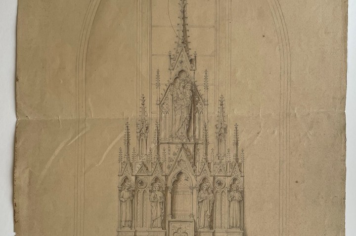 Twee ontwerptekeningen van een altaar, mogelijk vervaardigd voor de kloosterkapel van "De Kreppel" in Heythuysen