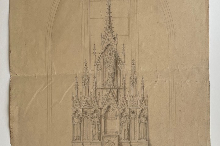 Twee ontwerptekeningen van een altaar, mogelijk vervaardigd voor de kloosterkapel van "De Kreppel" in Heythuysen